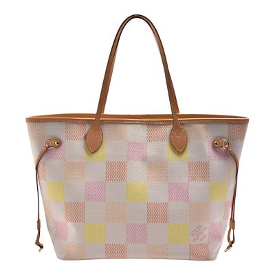 LV N40668 經典Neverfull MM系列棋盤格帆布手提/肩背托特包(粉橘淡黃)