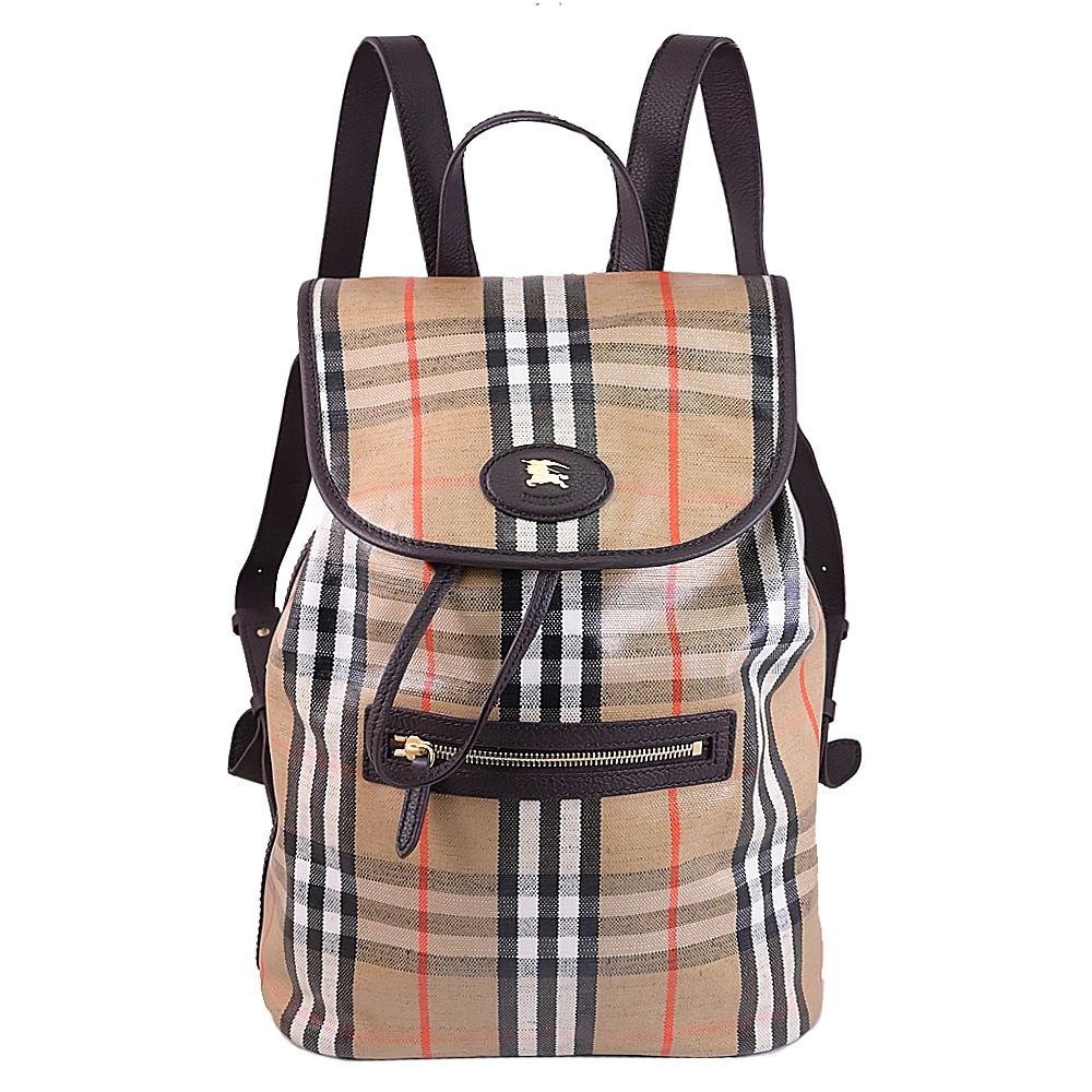 BURBERRY 戰馬金屬LOGO塗層格紋抽繩翻蓋式雙肩後背包(卡其)