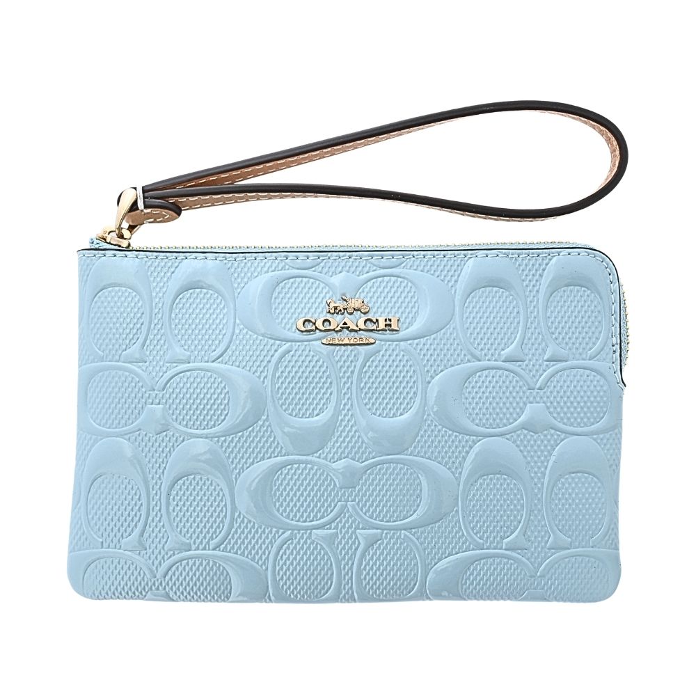 COACH 淺藍色漆皮浮雕C LOGO拉鍊萬用手拿包