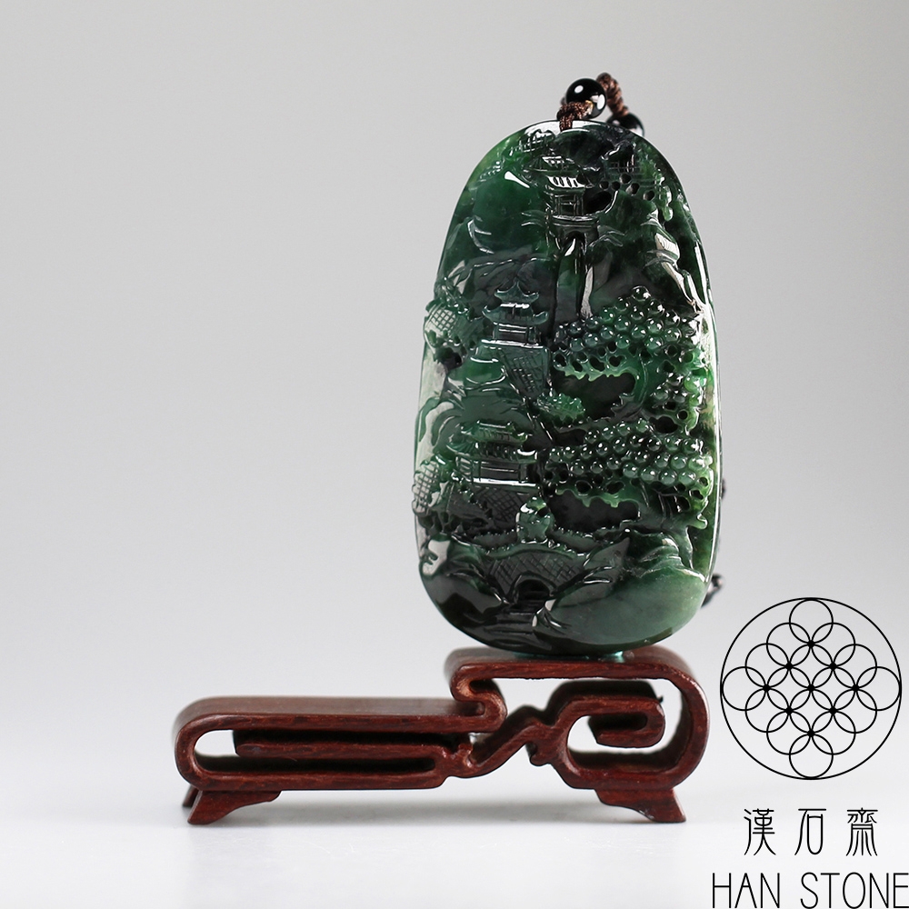 漢石齋】天然A貨花青種翡翠大山水玉佩吊墜(48*80*10mm) | 漢石齋