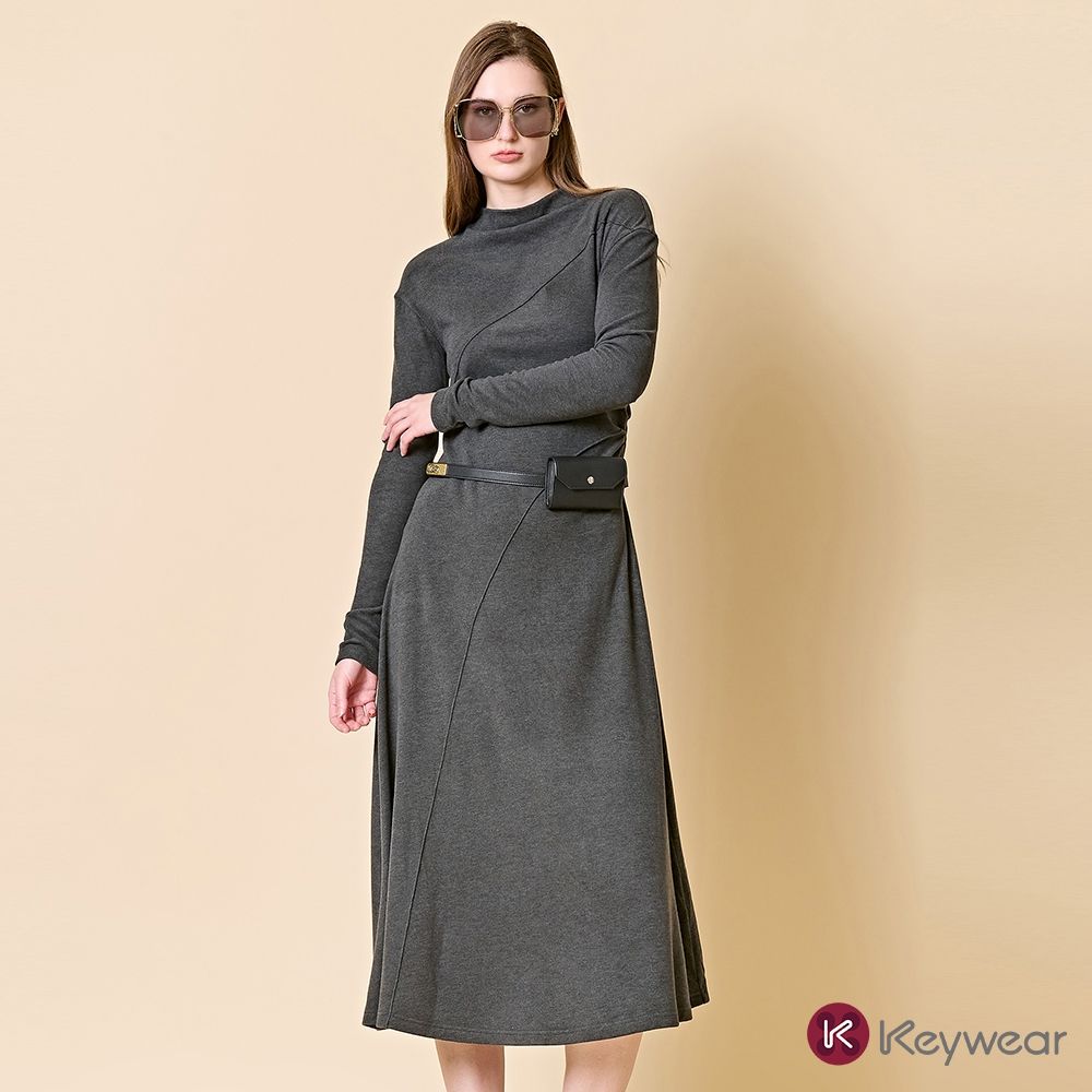 KeyWear奇威名品 不對稱剪裁拼接長袖洋裝(共2色)-灰色