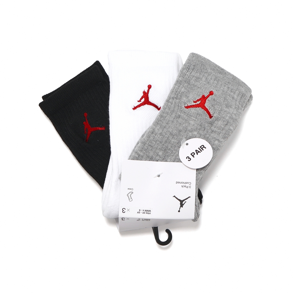 Nike 童襪 Jordan Cushioned Crew Socks 黑白灰 兒童款 厚底 毛巾布 中筒襪 JD2213021GS-002