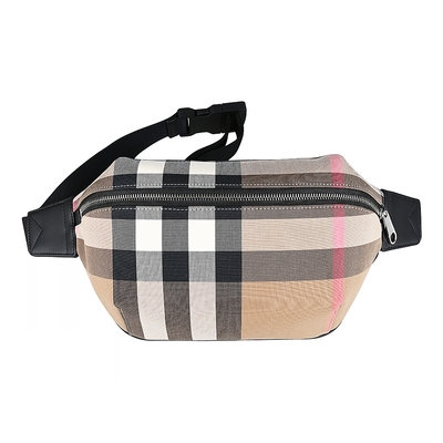 BURBERRY Sonny內皮革銀字LOGO格紋帆布拉鍊胸掛/腰包(卡其米x多色)
