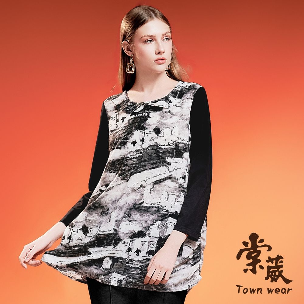 【TOWNWEAR棠葳】墨色映韻長版上衣(女上衣/女上著/長袖上衣/水墨/暈染/氣質/知性) (黑色系)