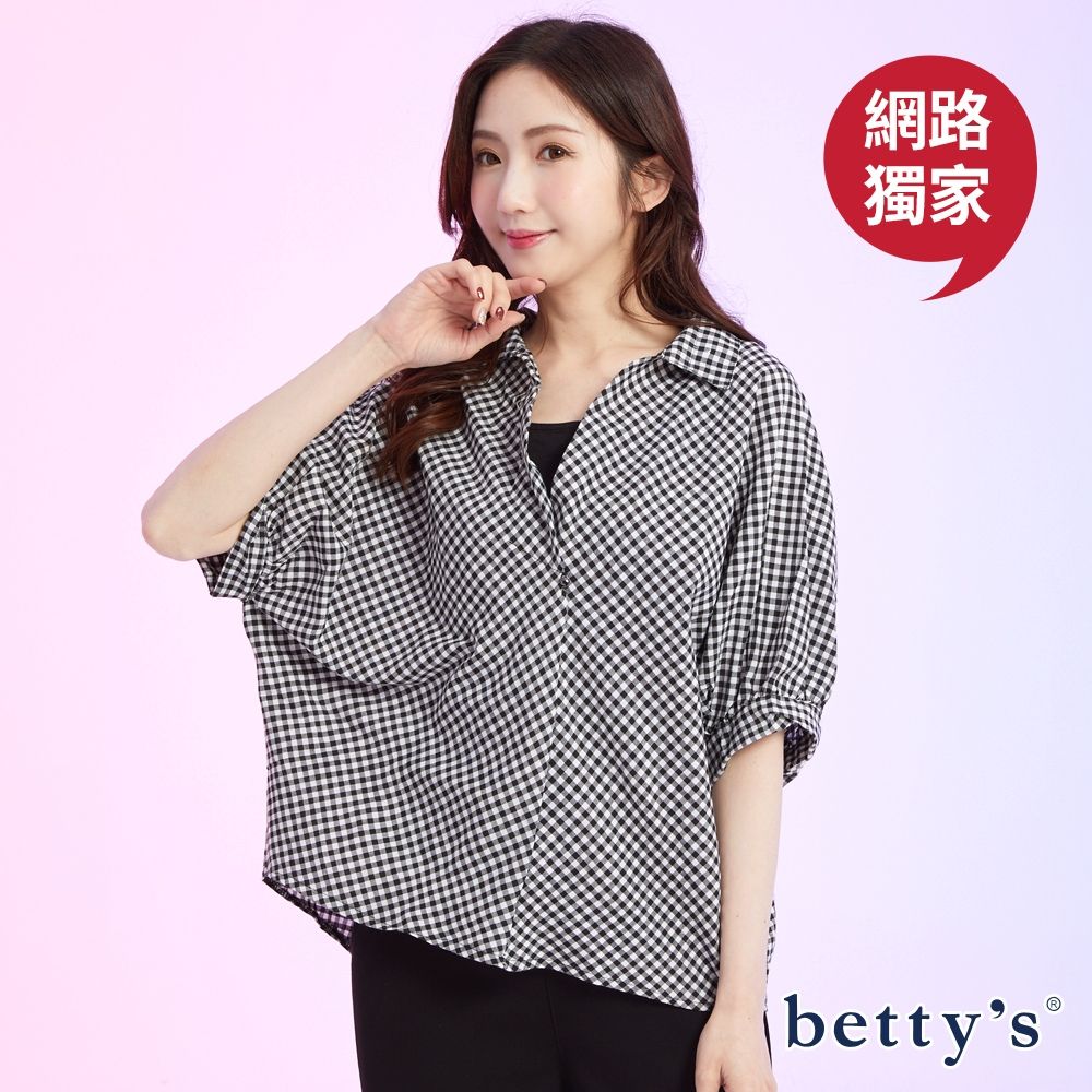 betty’s網路款　OL格紋V領寬版上衣(黑色) (黑色)