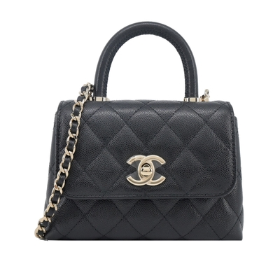 CHANEL香奈兒 CHANEL 經典Coco Handle 菱格紋小牛皮迷你兩用包(黑色)