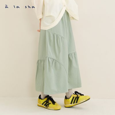 a la sha 不對稱皺皺鬆緊腰長裙