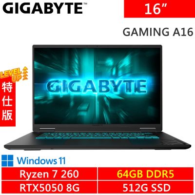 技嘉 GAMING A16 3THK3TW893SH-SP7 16吋 黑(AMD Ryzen 7 260/64G DDR5/512G PCIE/RTX5050 8G/W11)特仕機