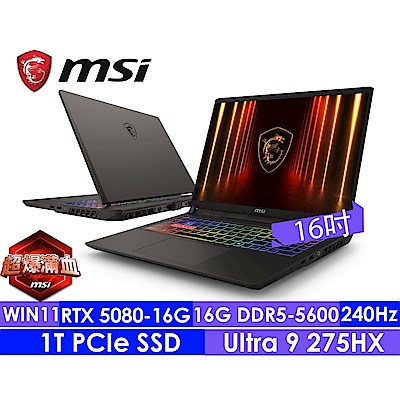 MSI微星 Vector 16 HX AI A2XWIG-014TW 240Hz 16吋電競筆電(Ultra 9 275HX/16G/1T SSD/RTX5080-16G/Win11)