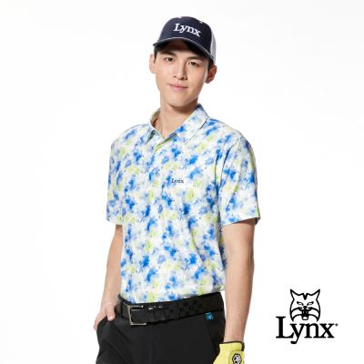 【Lynx Golf】男款吸濕排汗花卉幾何印花Lynx繡花短袖POLO衫/高爾夫球衫-藍色