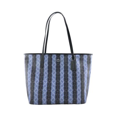 COACH丹寧藍/月光藍C Logo PVC條紋印花肩背托特包