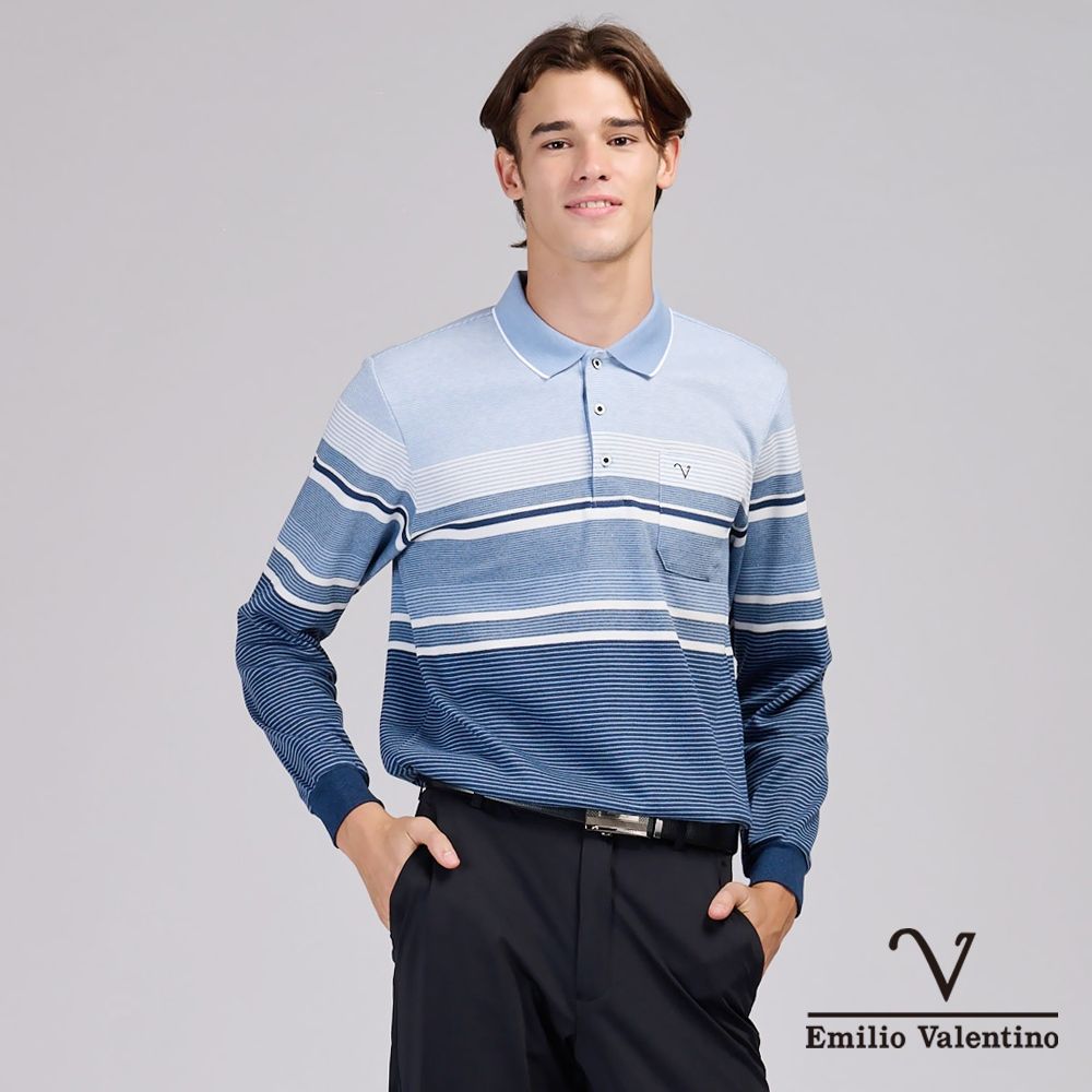 Emilio Valentino范倫鐵諾 男 長袖POLO衫 保暖蓄熱 精梳棉 磨毛 胸前口袋 POLO衫 上衣 藍/水藍(15-6V0964)