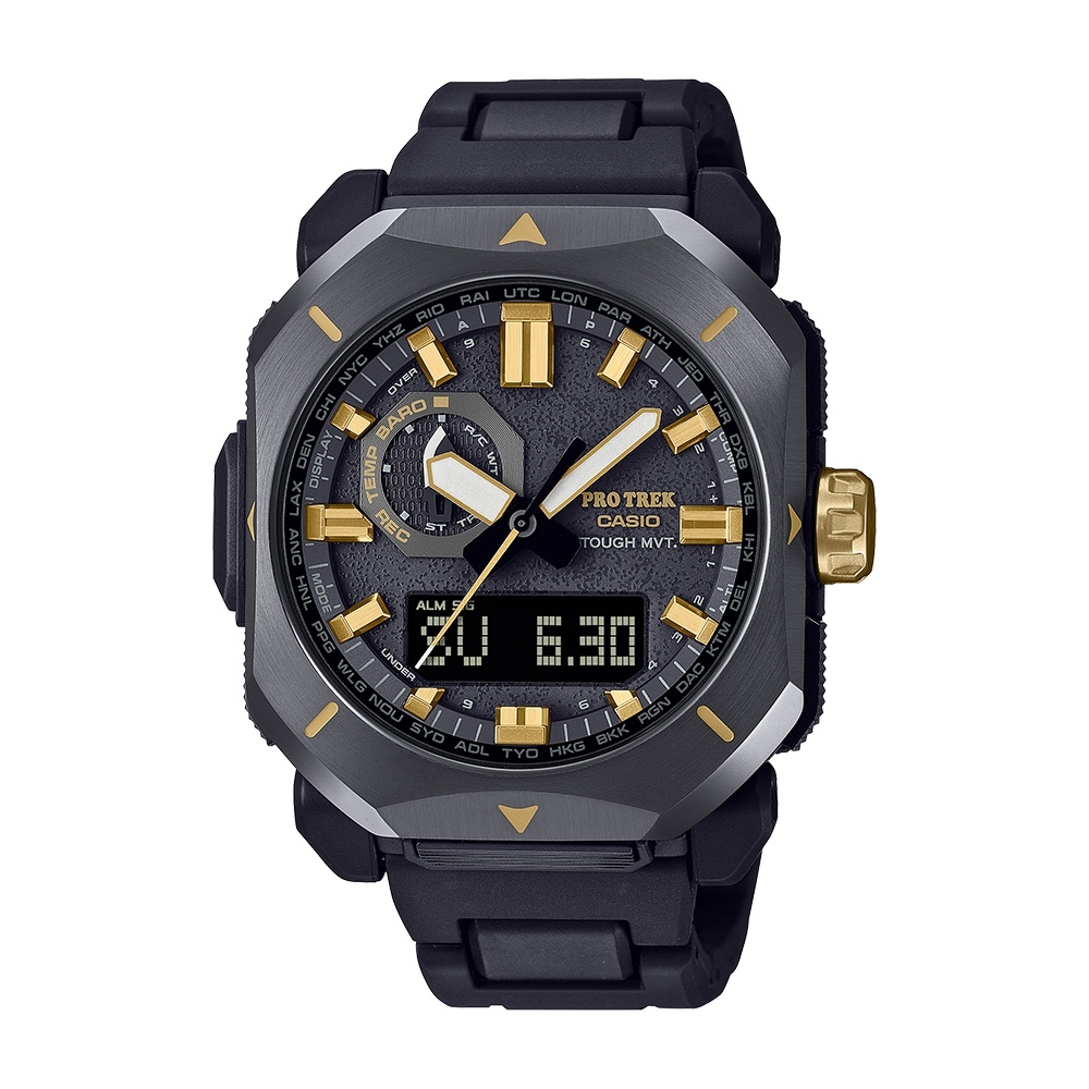 CASIO 卡西歐 PRO TREK 歡慶經典 CASIO WATCH 50TH 手錶50周年紀念 閃耀黑金 電波 太陽能電力 PRW-6900ZE-1_44.8mm