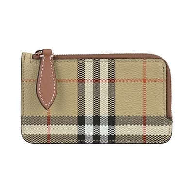 BURBERRY 巴寶莉 Somerset內皮標LOGO格紋設計PVC 3卡拉鏈零錢包(典藏米x棕)