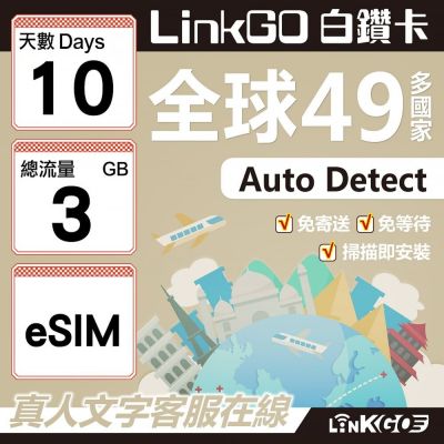LINKGO白鑽卡 全球49國 eSIM卡 10天上網絡卡 總流量3GB(全球網絡卡 亞洲 歐洲 美洲 大洋洲 非洲)
