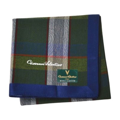 Giovanni Valentino 日本製100%棉復古綠調格紋圖騰字母LOGO帕巾(藍綠格/48CM)