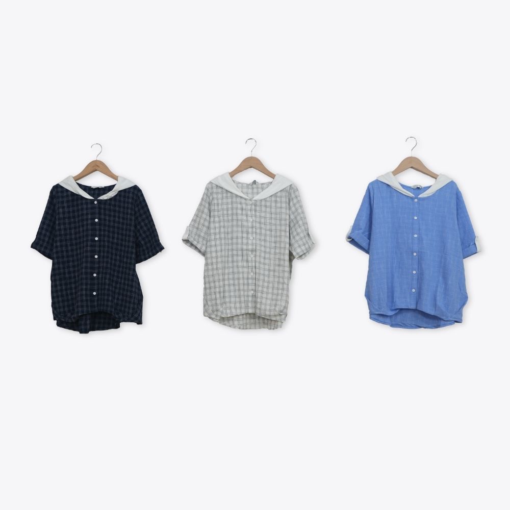 【Dailo】黑貓格紋短袖襯衫 藍 淺藍 白