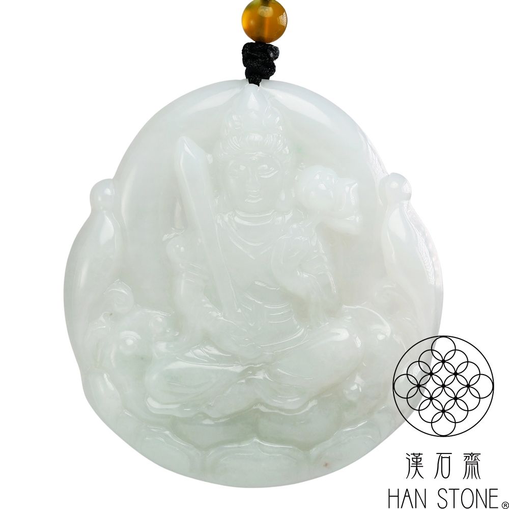 漢石齋】天然翡翠A貨文殊菩薩玉珮吊墜細糯種飄花(50*54*8mm) | 漢石齋