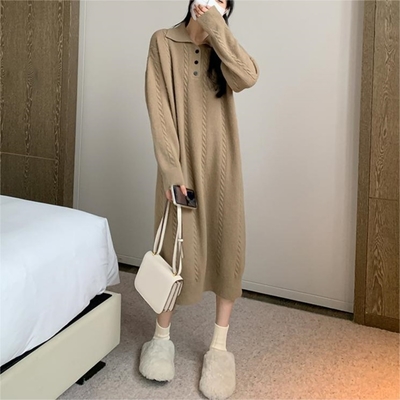 [巴黎精品] 洋裝針織連身裙-長袖慵懶polo領寬鬆女裙子2色w1ae38