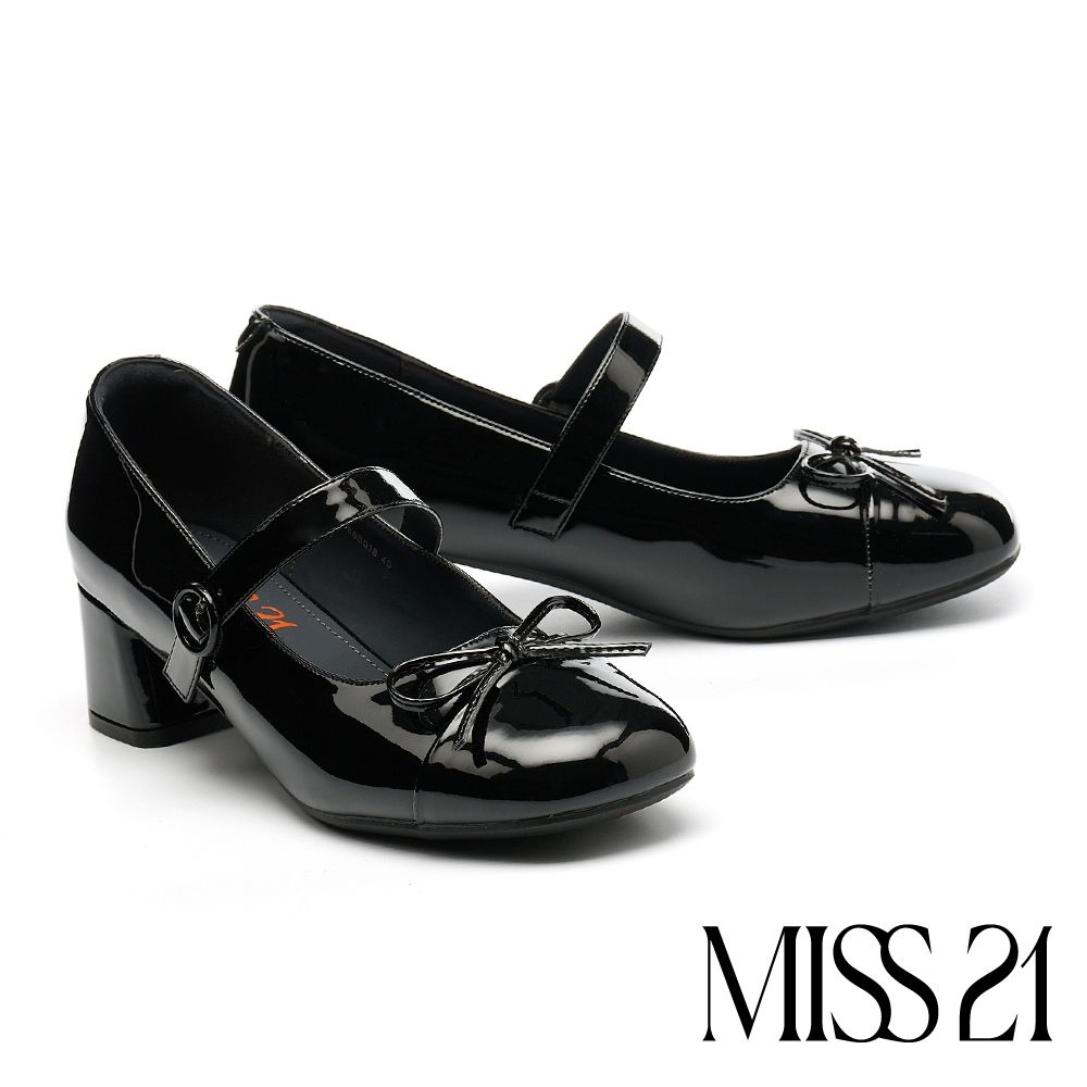 高跟鞋 MISS 21 復古簡約蝴蝶結牛漆皮瑪莉珍方頭高跟鞋－黑