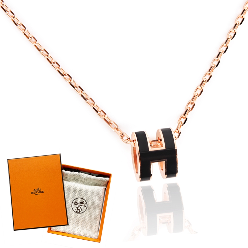 HERMES Mini Pop H 經典迷你字母LOGO項鍊鎖骨鍊-黑/玫瑰金
