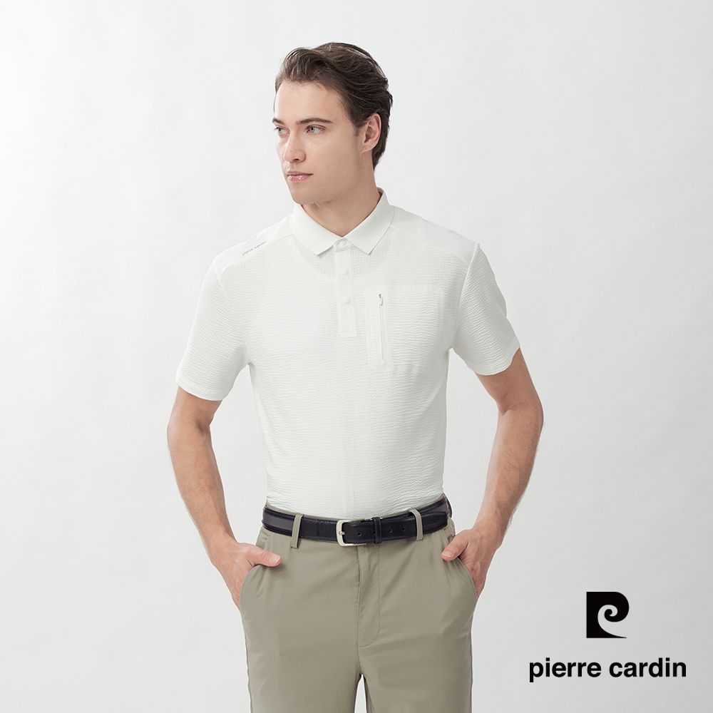 pierre cardin 皮爾卡登 休閒服飾 男款 無痕拉鍊胸袋素色短袖POLO衫-白色(5267279-90)