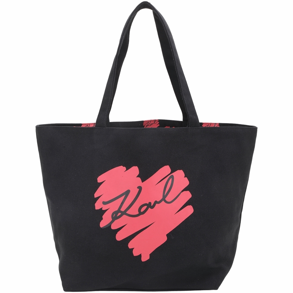 KARL LAGERFELD K/HEART 卡爾 塗鴉愛心草寫字母雙面手提/肩背帆布托特包(黑x滿版印花)