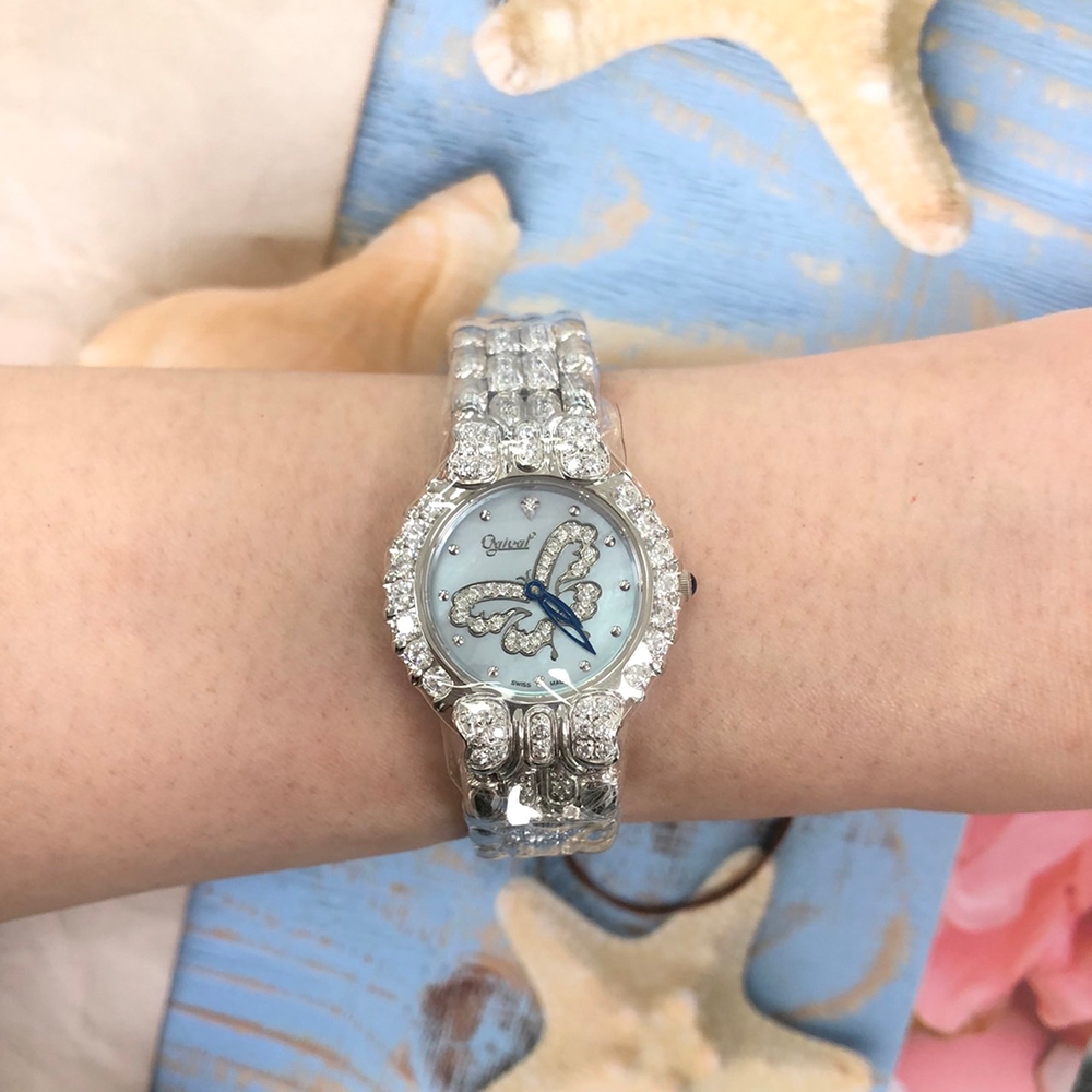 Ogival 愛其華 公司貨 銀色淺藍面蝴蝶晶鑽 石英腕錶-女錶(305-091DL)30mm