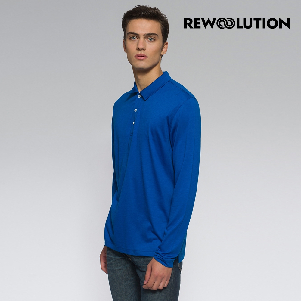 【Rewoolution】男 INDY 190g長袖Polo衫[寶藍] 羊毛衣 長袖T恤 登山必備 吸濕排汗 REJB2MC30155 (寶藍)