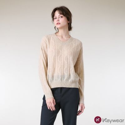 KeyWear奇威名品 微光金蔥羊絨麻花長袖上衣(共3色)-米色
