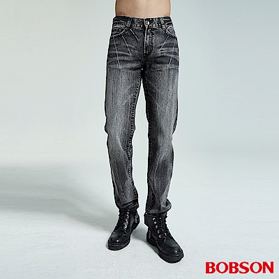 BOBSON 男款仿皮繡花黑灰中直筒褲