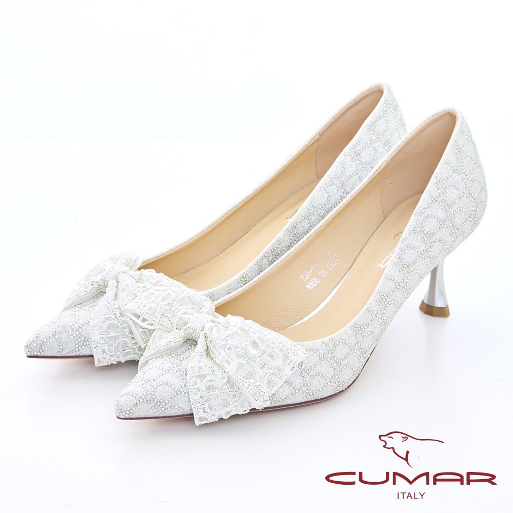 【CUMAR】閃耀布老花貼鑽晚宴高跟鞋-白