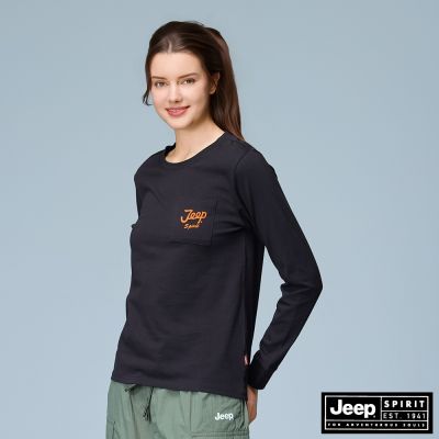 JEEP 女裝 經典品牌LOGO口袋長袖T恤-黑色