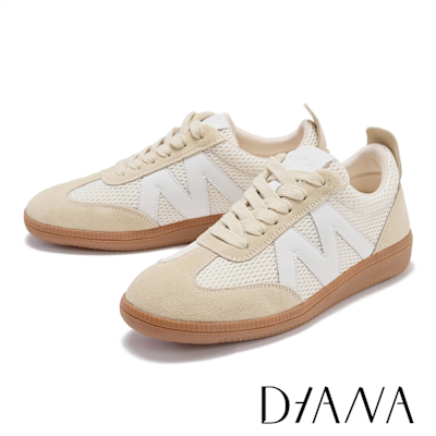 DIANA 磨砂牛拼接網布厚底休閒鞋 杏色