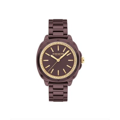 COACH 官方授權 紐約 酒紅色陶瓷晶鑽錶-女錶(CO14504403)34mm
