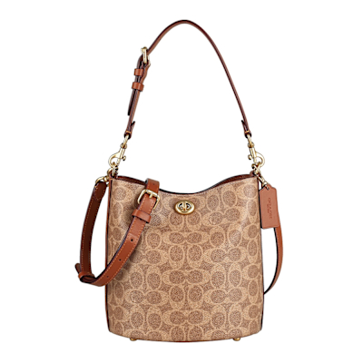 COACH Willow 19珠鍊皮革LOGO塗層帆布牛皮磁吸旋釦手提斜背水桶包(棕褐x焦糖棕)