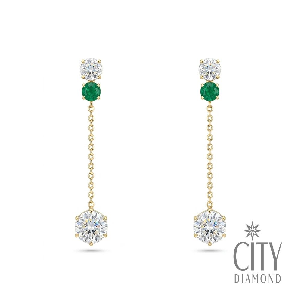 【City Diamond 引雅】網路獨家 18K 日本 祖母綠 晶鑽 黃K金 垂掛 耳環(東京Yuki系列)