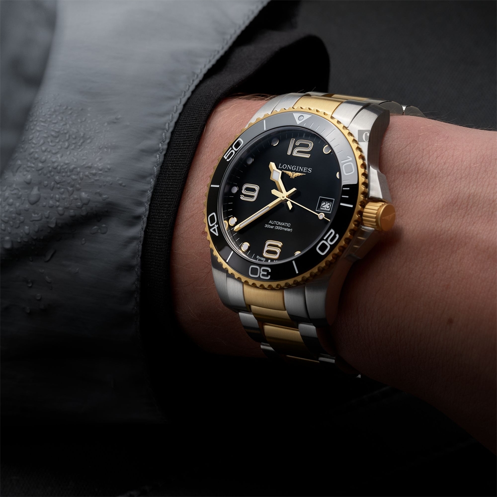 LONGINES 浪琴官方授權深海征服者浪鬼陶瓷潛水機械錶-黑x金/41mm L3