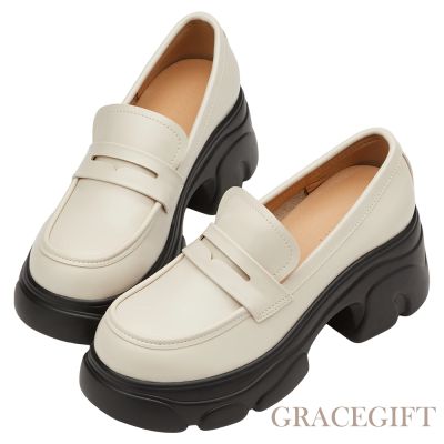 【Grace Gift】休閒紳士輕量運動厚底樂福鞋 米白