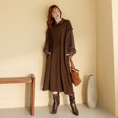 OB嚴選-假兩件半開襟條紋拼接長袖洋裝《DA10625-》