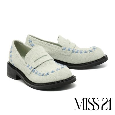 厚底鞋 MISS 21 甜酷小叛逆縫紉感叉叉牛麂皮大頭樂福厚底鞋-藍