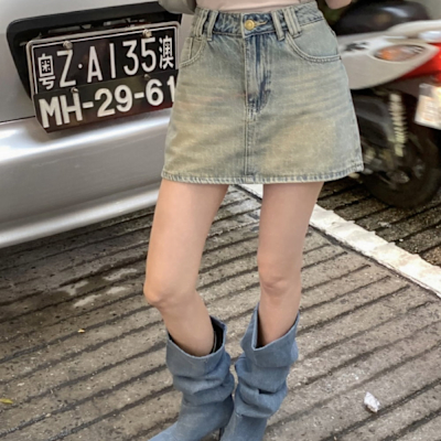 La Belleza百搭顯瘦復古刷色彈性腰圍雙口袋牛仔裙(有內襯短褲)M~XL