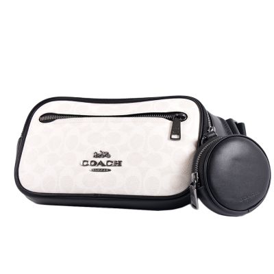 COACH 男款 緹花LOGO防刮拉鍊腰包-白色/附零錢包