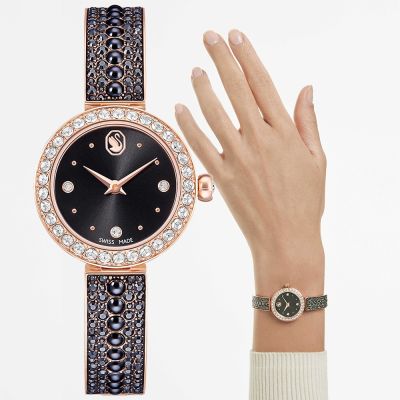 SWAROVSKI 施華洛世奇 Matrix 水晶珍珠手鐲式手錶 女錶 26mm 寵愛媽媽 送禮推薦-黑x玫瑰金 5743697