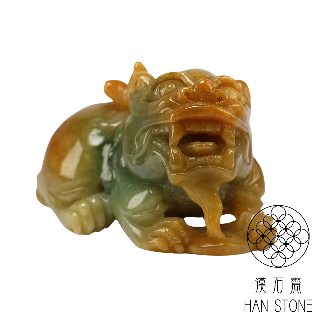 漢石齋】天然翡翠A貨黃金貔貅手把件小擺件飄花種帶黃翡(33*67*14mm