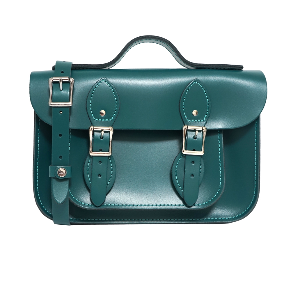 The Leather Satchel Co. 11吋 英國手工牛皮劍橋包 手提包 肩背包 斜背包 側肩包 多功能兩用包 磁釦與皮帶固定環貼心設計 (果墨綠)
