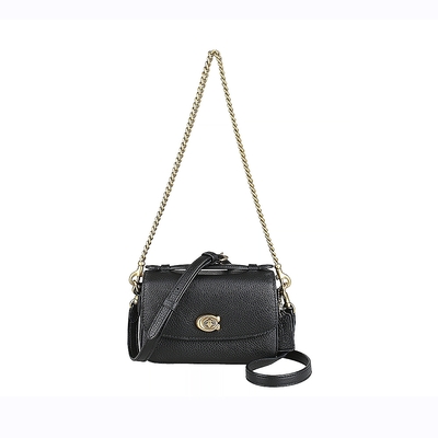 COACH Cassie 17皮革鋼印字LOGO荔枝紋小牛皮旋鎖釦手提肩背斜背三用包(黑)