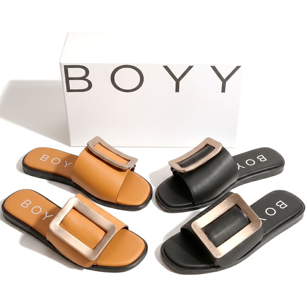 BOYY Buckle 小羊皮經典仿舊方釦扣涼/拖鞋-2色可選 (黑色)