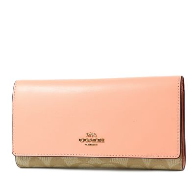 COACH 緹花LOGO翻蓋釦式三折長夾-貝殼粉/全新展示品