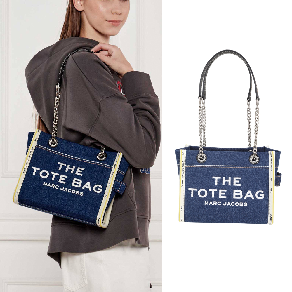 MARC JACOBS THE Denim 小款 鍊帶肩背帆布托特包(深藍)